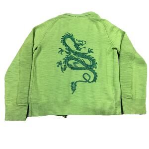 IISLI New York Wool Sweater Green With Embrodiered Dragon DBL Zipper Pleated L